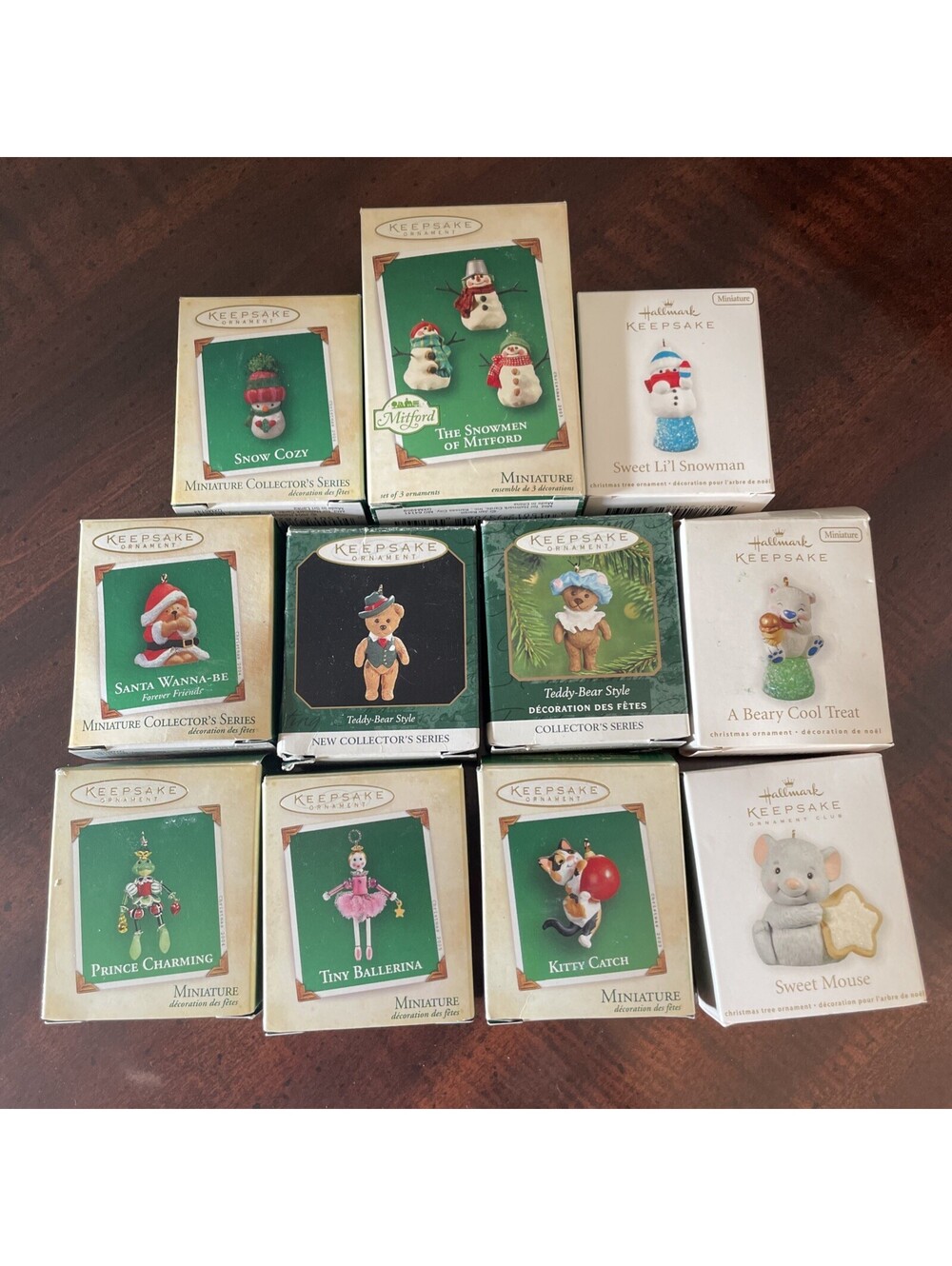 Hallmark Keepsake Miniature Ornaments, Teddy Bear, Snowman, Mouse, Cat, (11)